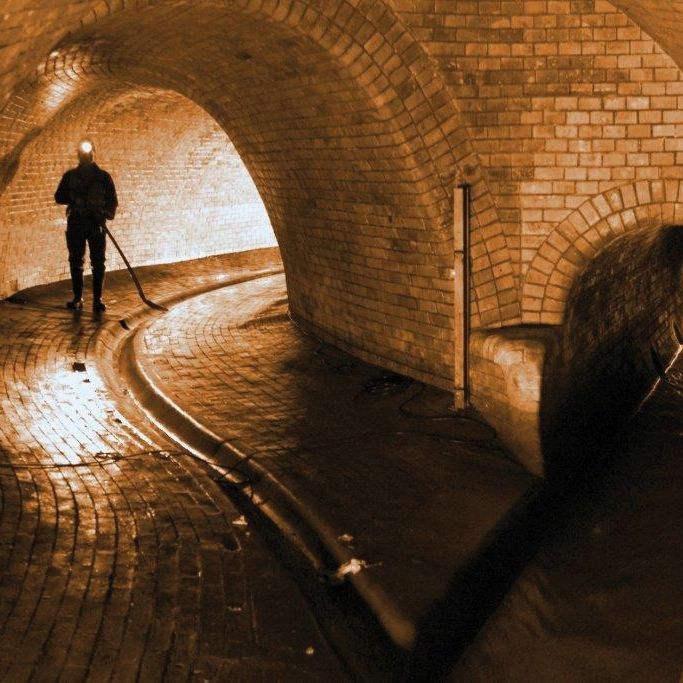 Ein Kanalarbeiter in Gummistiefeln und mit Stirnlampe reinigt mit einer Schaufel eine Rinne in der Kanalisation in der Nähe einer Einmündung eines kleineren Kanals. Eine Stromkabelrolle steht an der linken Wand und ist teilweise abgerollt.